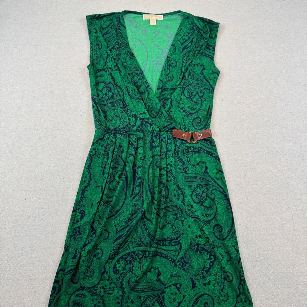 Michael Kors Green Paisley Faux Wrap Dress Womens Small Belted Sleeveless
